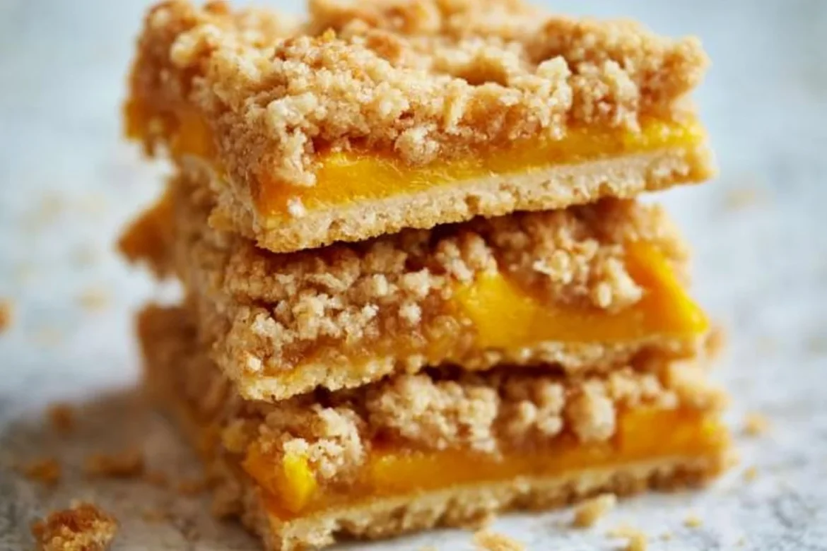 Mango Oatmeal Crumble Bars topped with oats and fresh mango slices