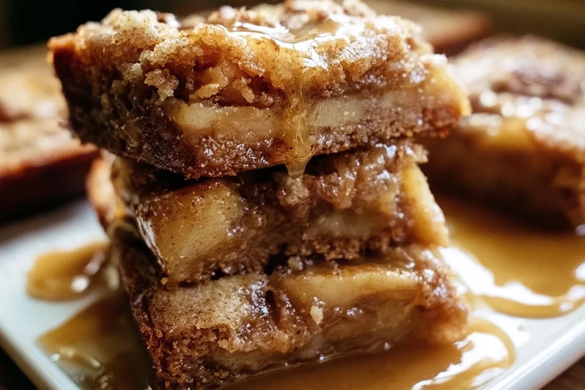 Delicious maple glazed apple blondies topped with fresh apple slices