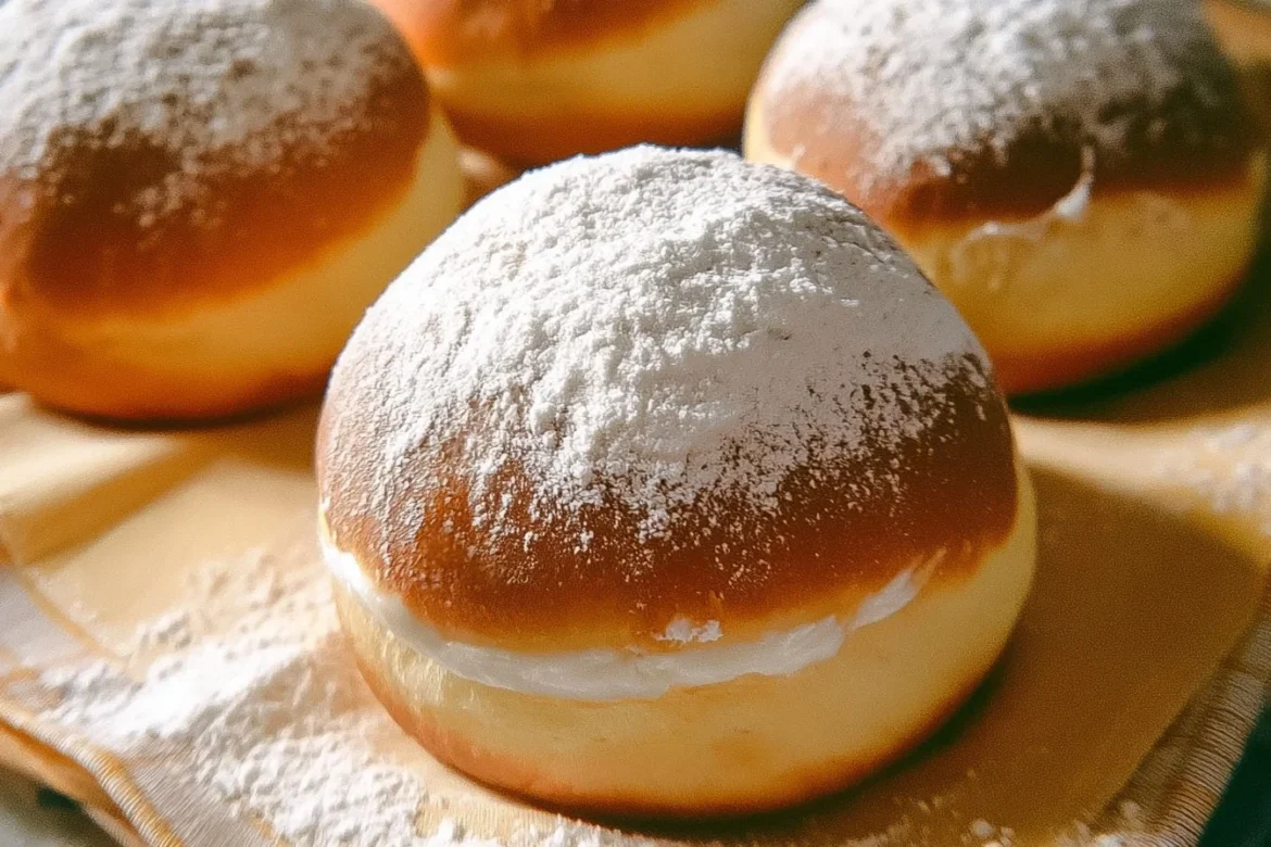 Delicious Maritozzi Italian cream buns topped with cream and powdered sugar
