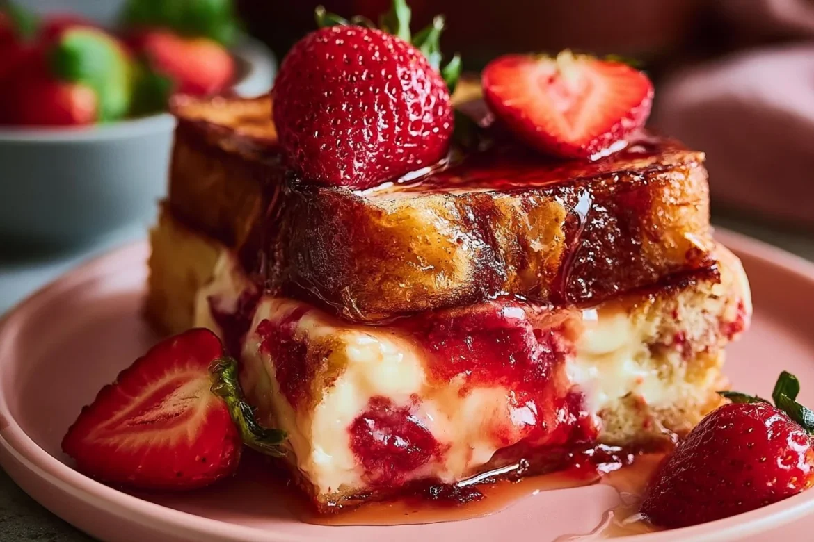 Mouthwatering strawberry cheesecake French toast bake topped with fresh berries