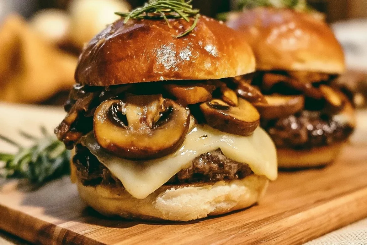 Mouthwatering Mushroom Swiss Burger with melted cheese and mushrooms