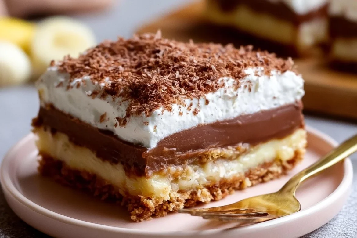 Delicious No Bake Chocolate Banana Pudding Bars with layers of chocolate and bananas