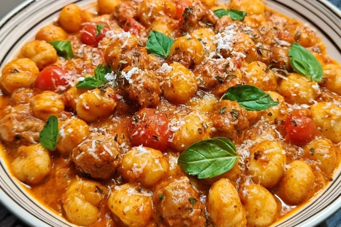 One pan Italian sausage gnocchi served with fresh herbs and cheese