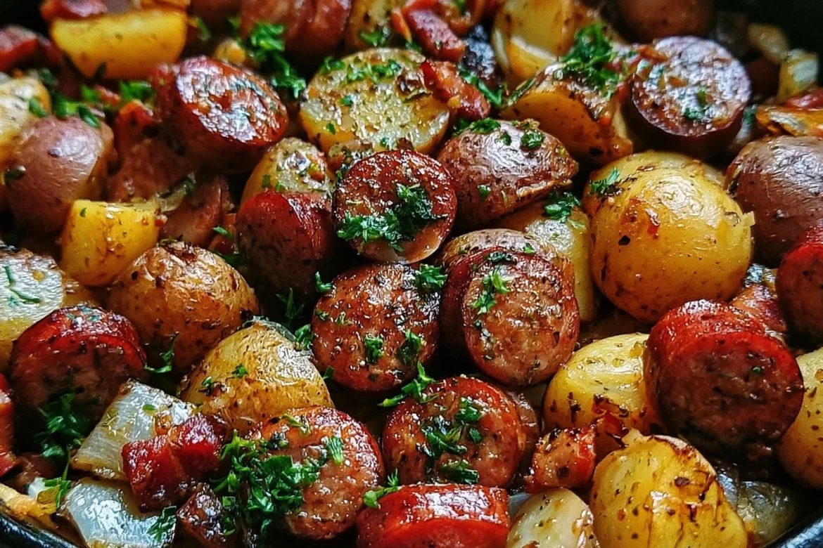 One Pan Kielbasa and Potatoes dish with fresh vegetables
