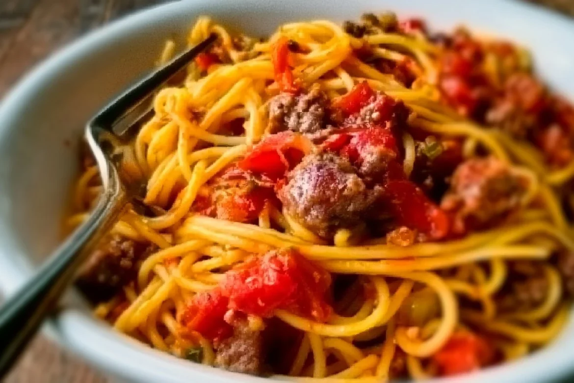 Delicious One Pot Cowboy Spaghetti prepared in a rustic kitchen setting