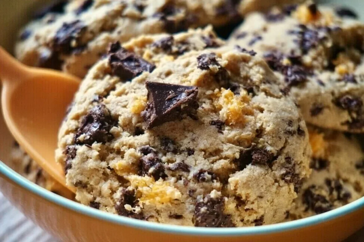 Delicious orange dark chocolate chunk cookies on a wooden platter