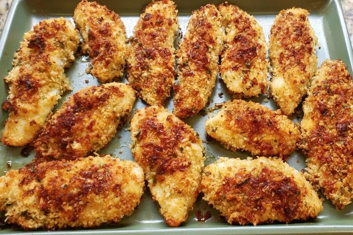 Crispy Parmesan Baked Chicken Strips served with a side of dipping sauce.