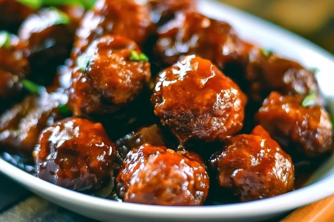 Delicious Peach Bourbon Meatballs served on a platter.