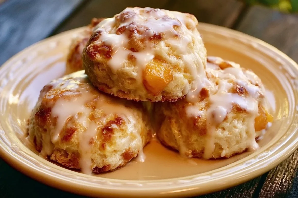 Freshly baked peach buttermilk biscuits on a rustic wooden table