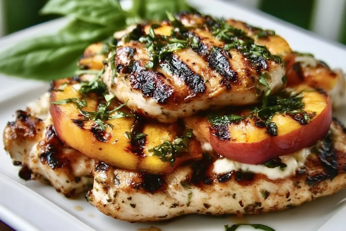 Grilled chicken topped with peach, mozzarella, and basil in a Caprese style.