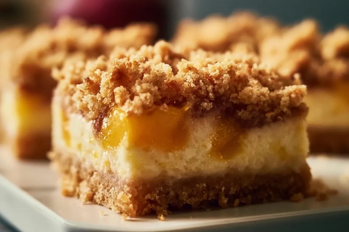 Delicious Peach Cobbler Cheesecake Bars with a golden crust and juicy peach topping.
