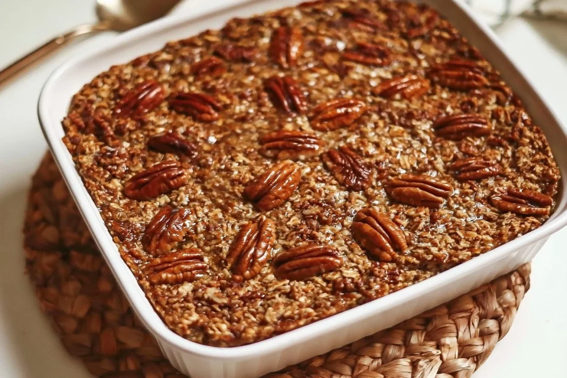 Delicious pecan pie baked oatmeal served in a bowl with walnuts on top