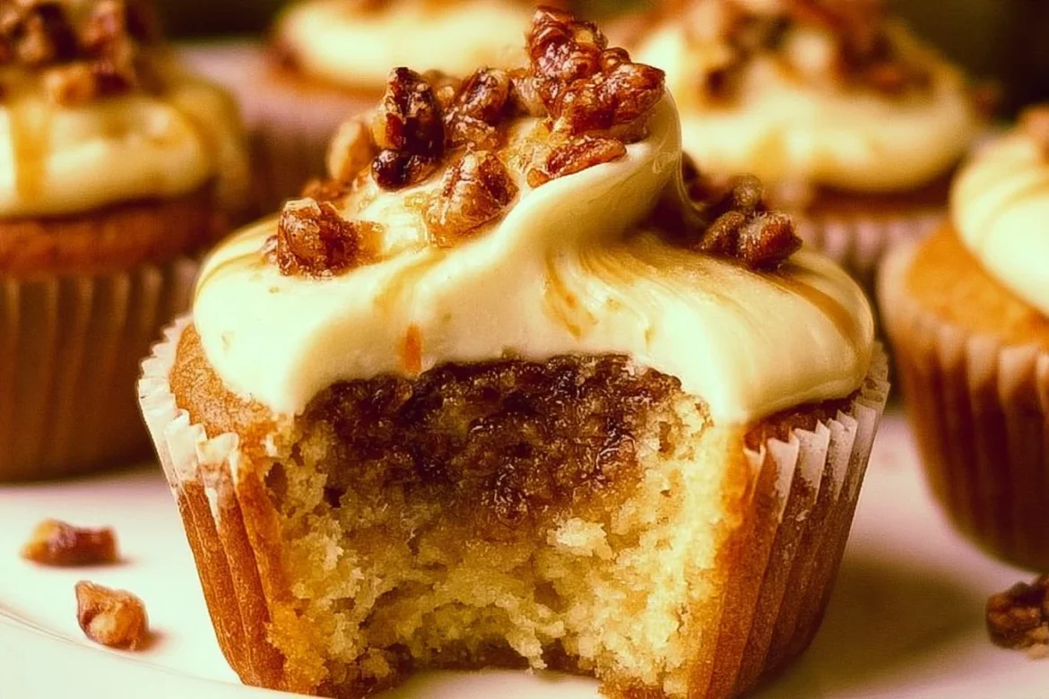 Delicious pecan pie cupcakes topped with caramel and pecans.