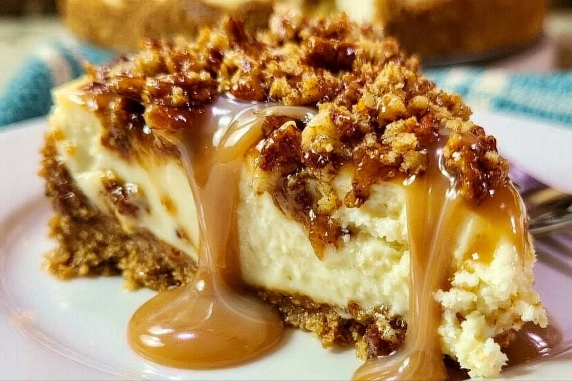 Delicious pecan praline cheesecake topped with caramel and pecans