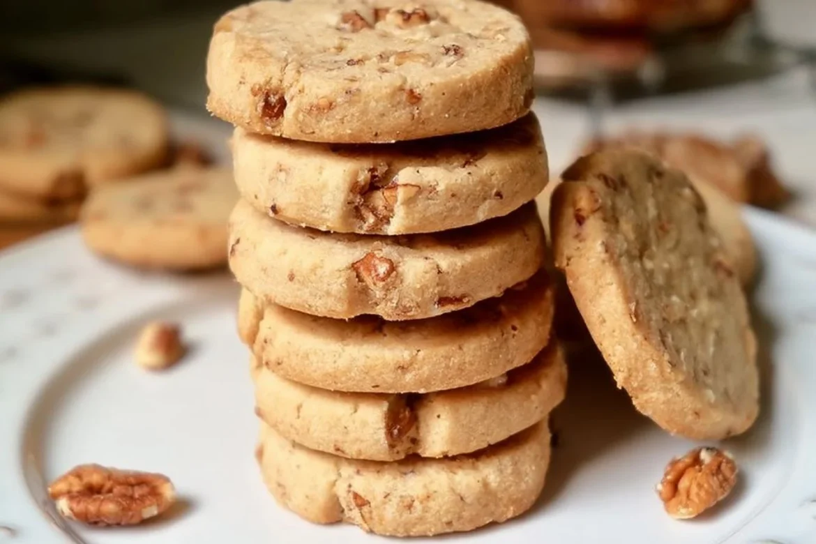 Delicious homemade Pecan Shortbread Cookies arranged on a plate.