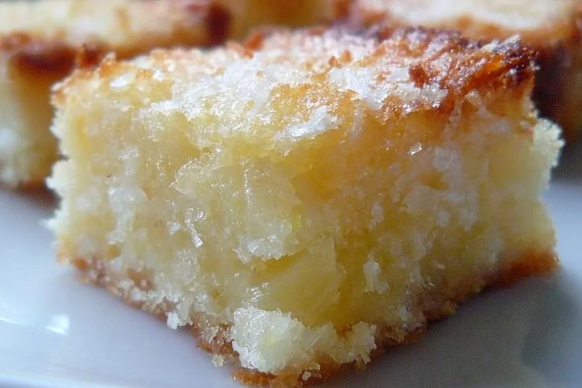 Delicious Pineapple Coconut Squares topped with fresh pineapple and coconut flakes