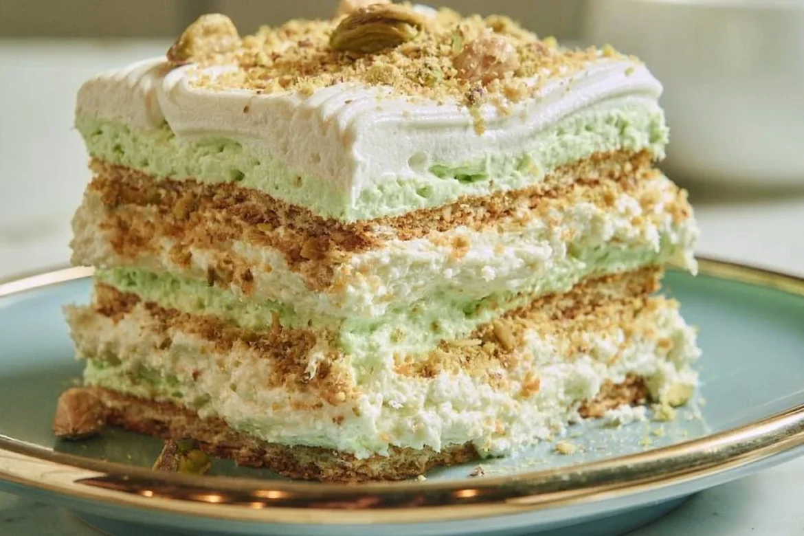 Slice of Pistachio Icebox Cake with layers of creamy filling and crushed pistachios