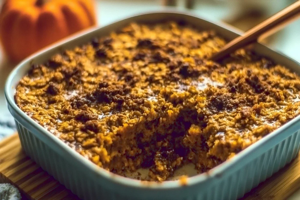 Delicious pumpkin baked oatmeal served in a bowl with cinnamon and nuts