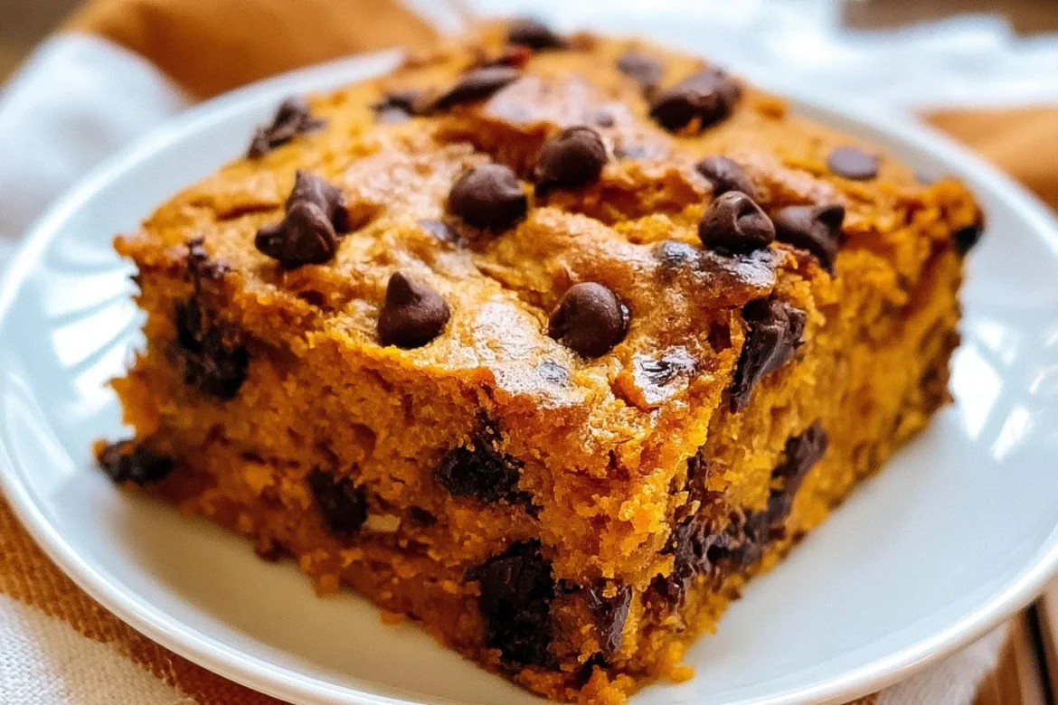 Delicious Pumpkin Chocolate Chip Cake topped with chocolate chips and spices