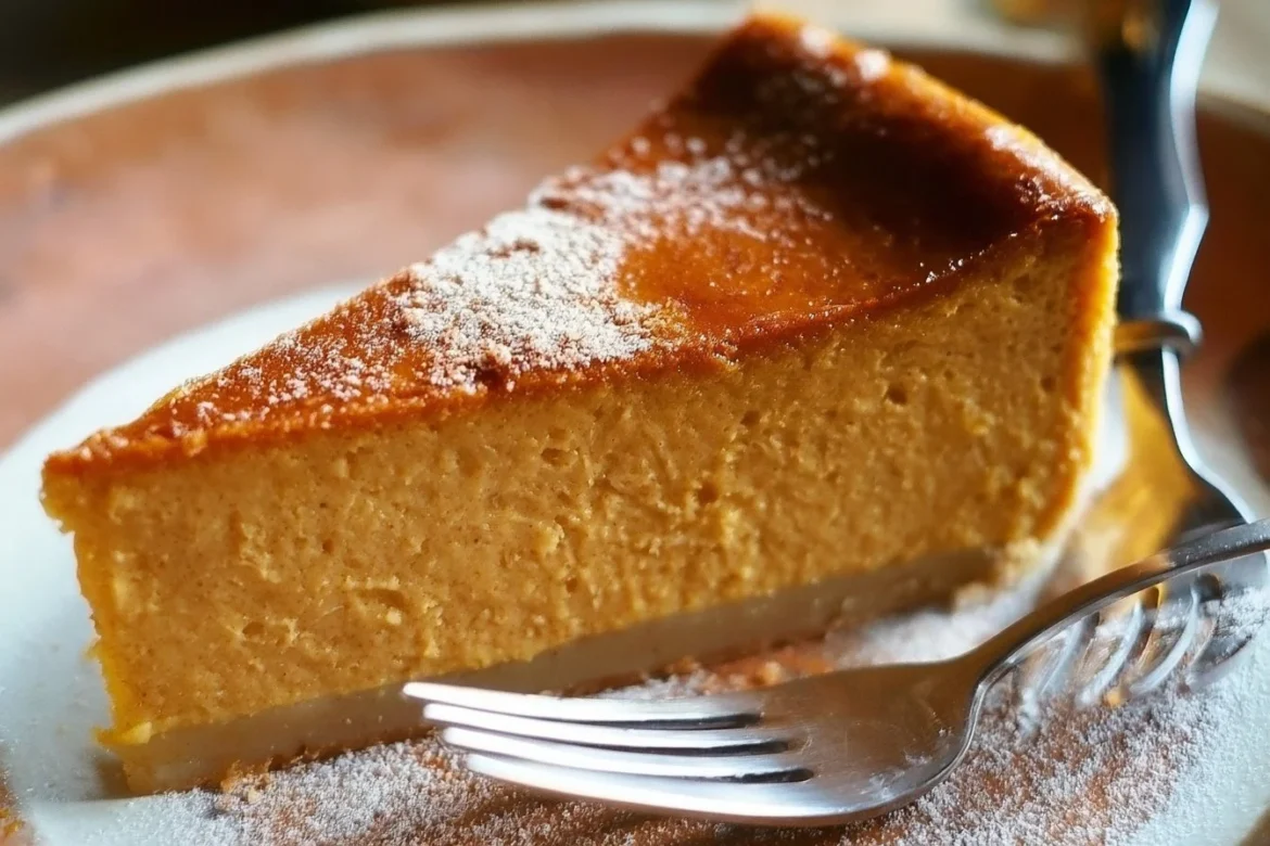 Slice of Pumpkin Magic Custard Cake with autumn spices on a plate.