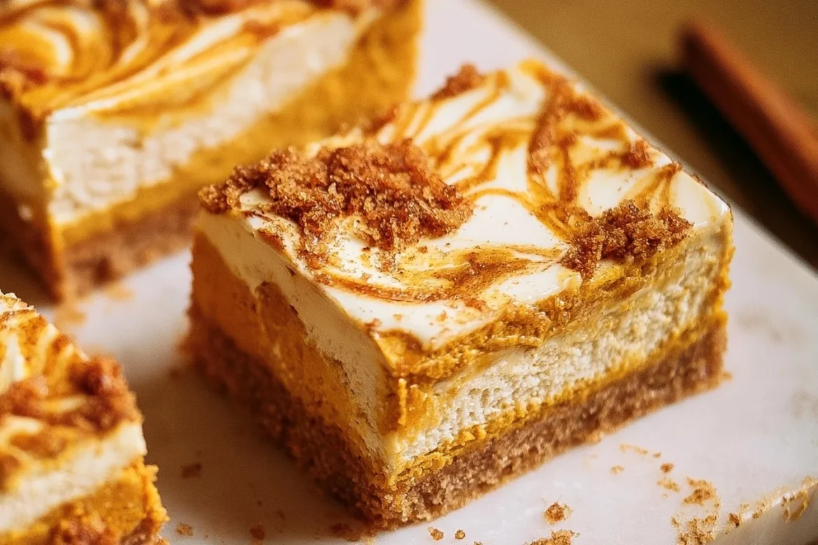 Delicious pumpkin spice cheesecake bars with a creamy texture and autumn spices.