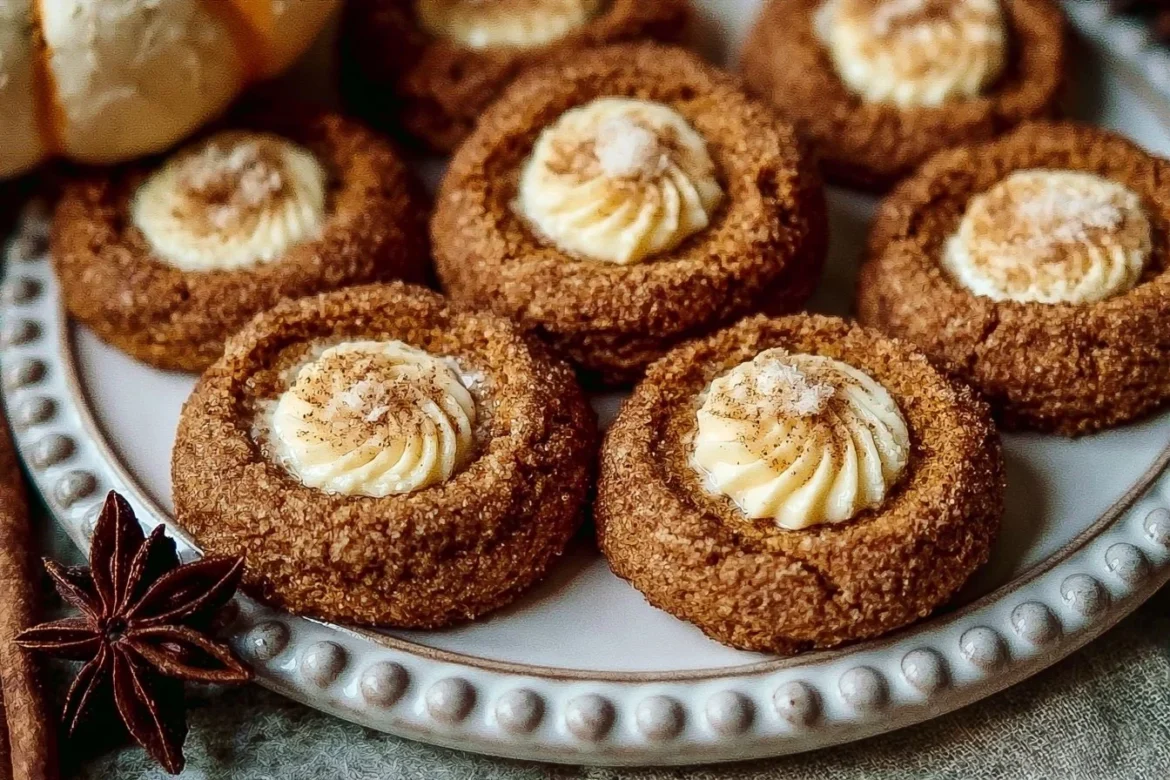 Pumpkin Spice Cheesecake Thumbprint Cookies on a plate with autumn decorations.