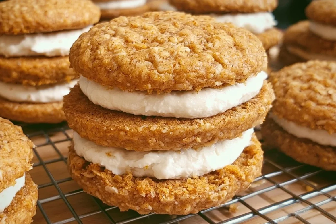 Homemade Pumpkin Spice Oatmeal Cream Pies on a wooden table