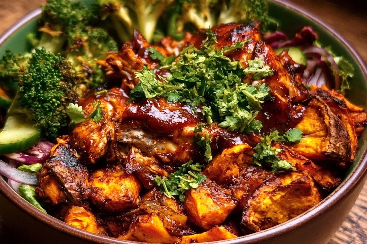Roasted BBQ Chicken Bowl with sweet potatoes and vibrant vegetables