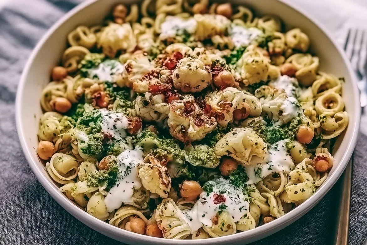 Delicious roasted cauliflower and chickpea pesto pasta dish garnished with herbs.