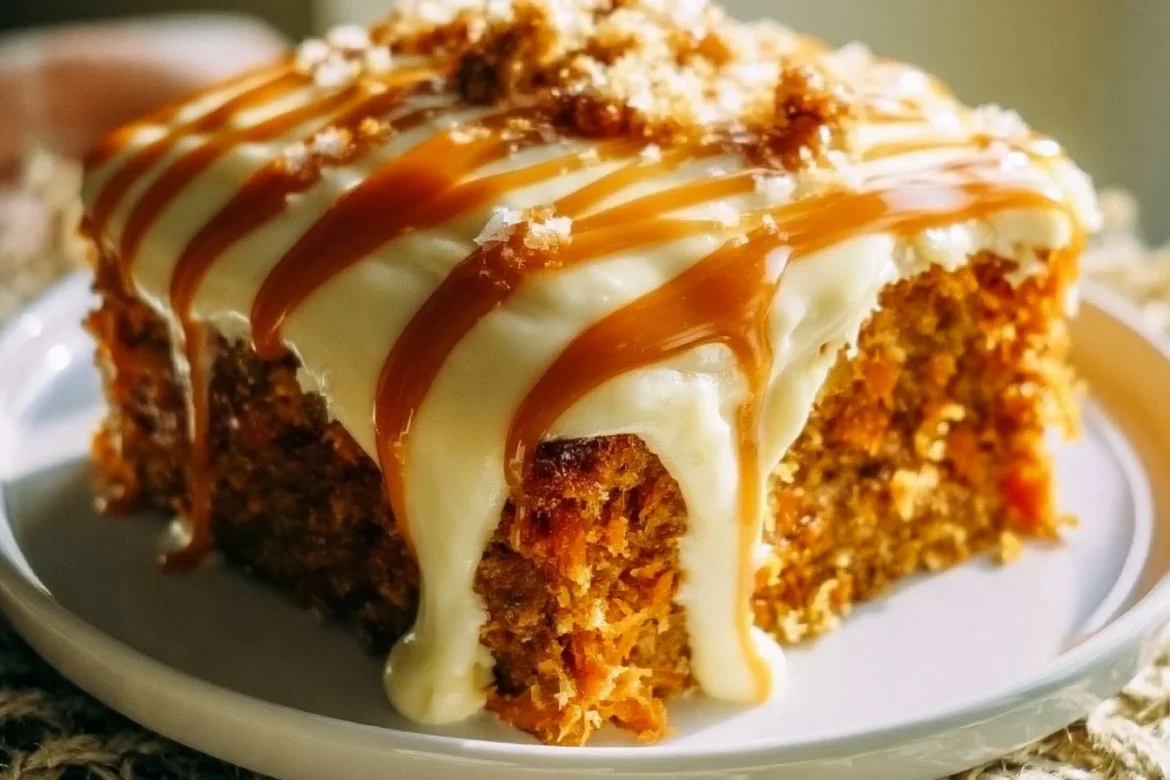 Delicious salted caramel carrot cake with cream cheese frosting and caramel drizzle