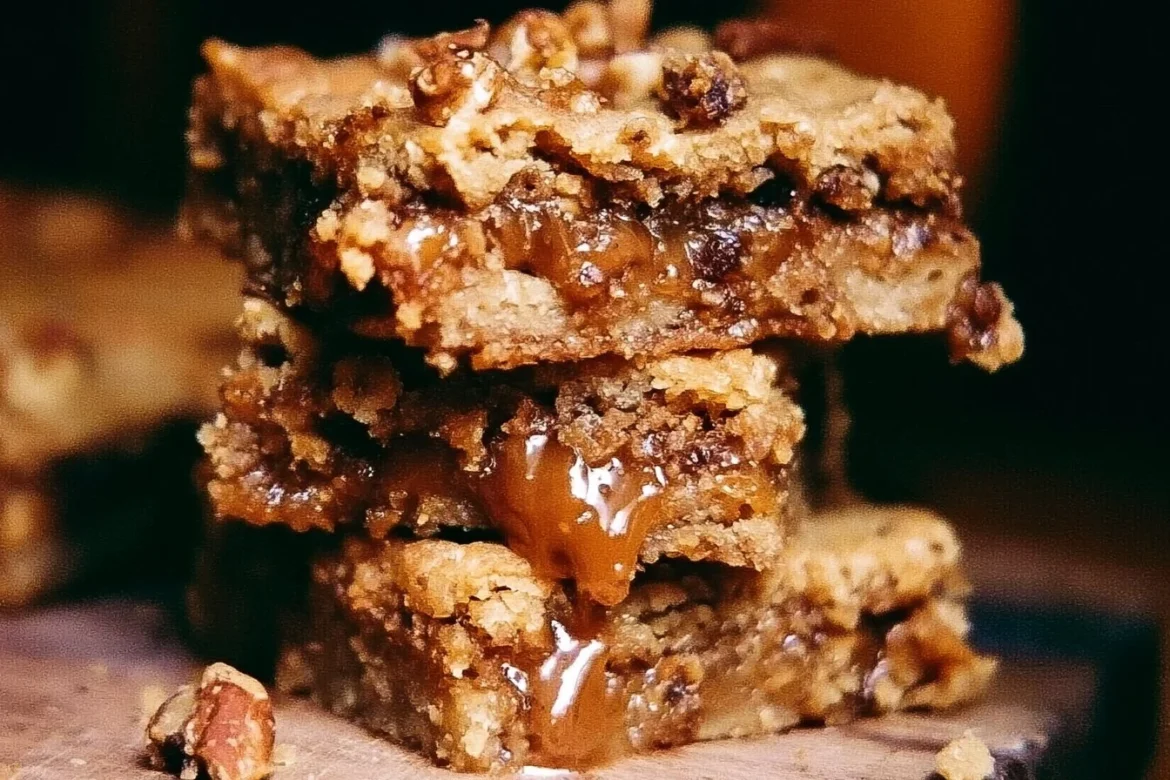 Salted Caramel Chocolate Chip Oat Cookie Bars freshly baked on a plate