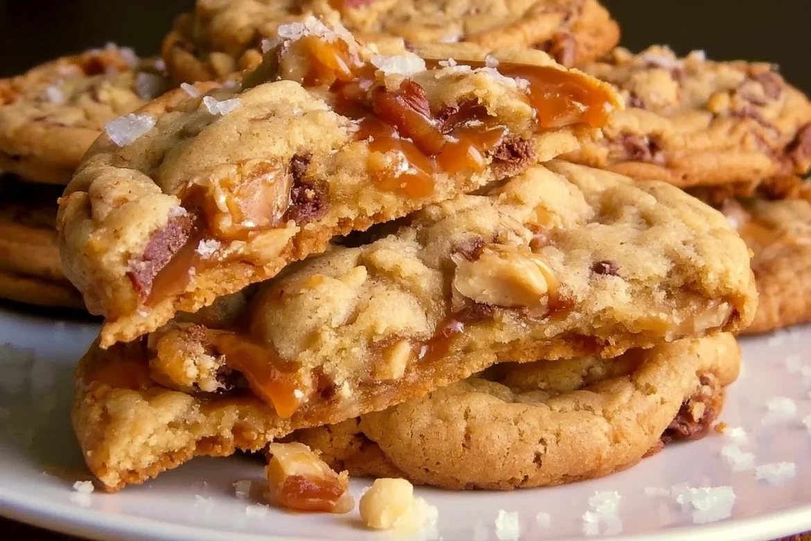 Freshly baked salted caramel toffee cookies on a cooling rack