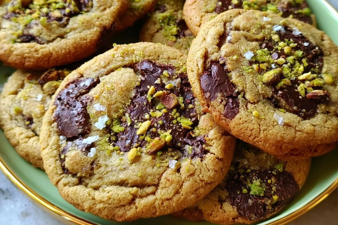 Plate of salted pistachio chocolate chunk cookies with chocolate chunks and pistachios