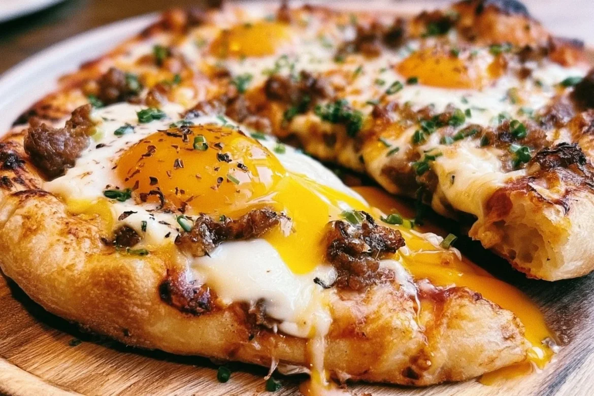 Sausage breakfast pizza topped with cheese and vegetables on a crispy crust