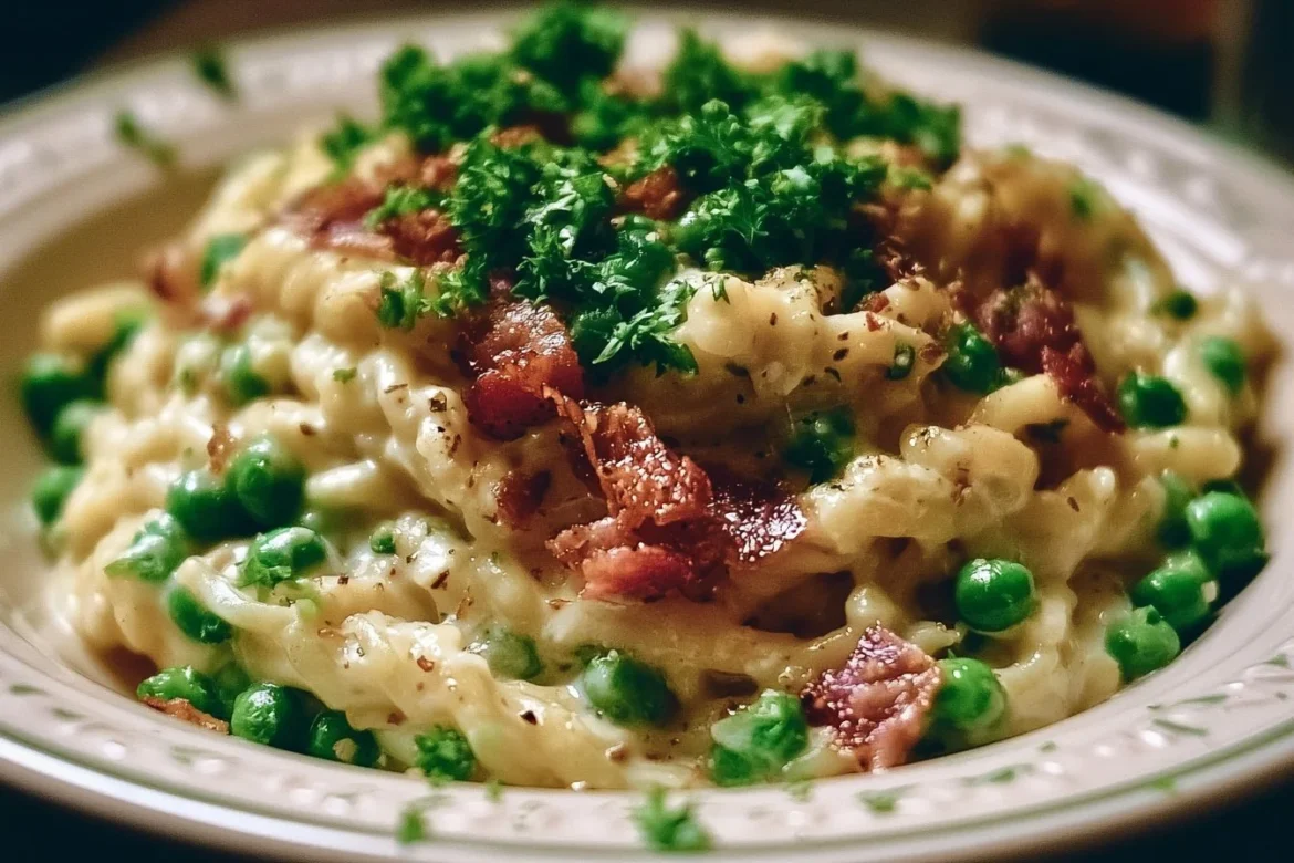 Savory creamy pasta dish with peas and pancetta served in a bowl