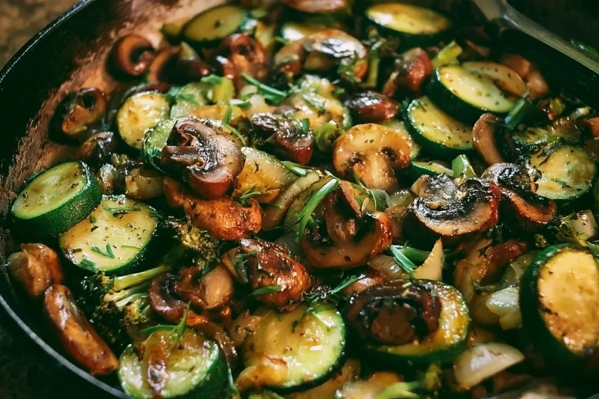 Sautéed zucchini and mushrooms in a skillet, garnished with herbs.