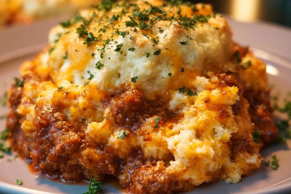 Sloppy Joe Cheddar Bay Biscuit Casserole served in a baking dish