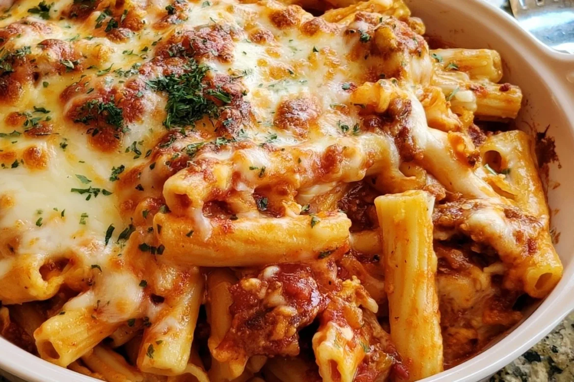 Delicious slow cooker baked ziti topped with melted cheese and herbs.