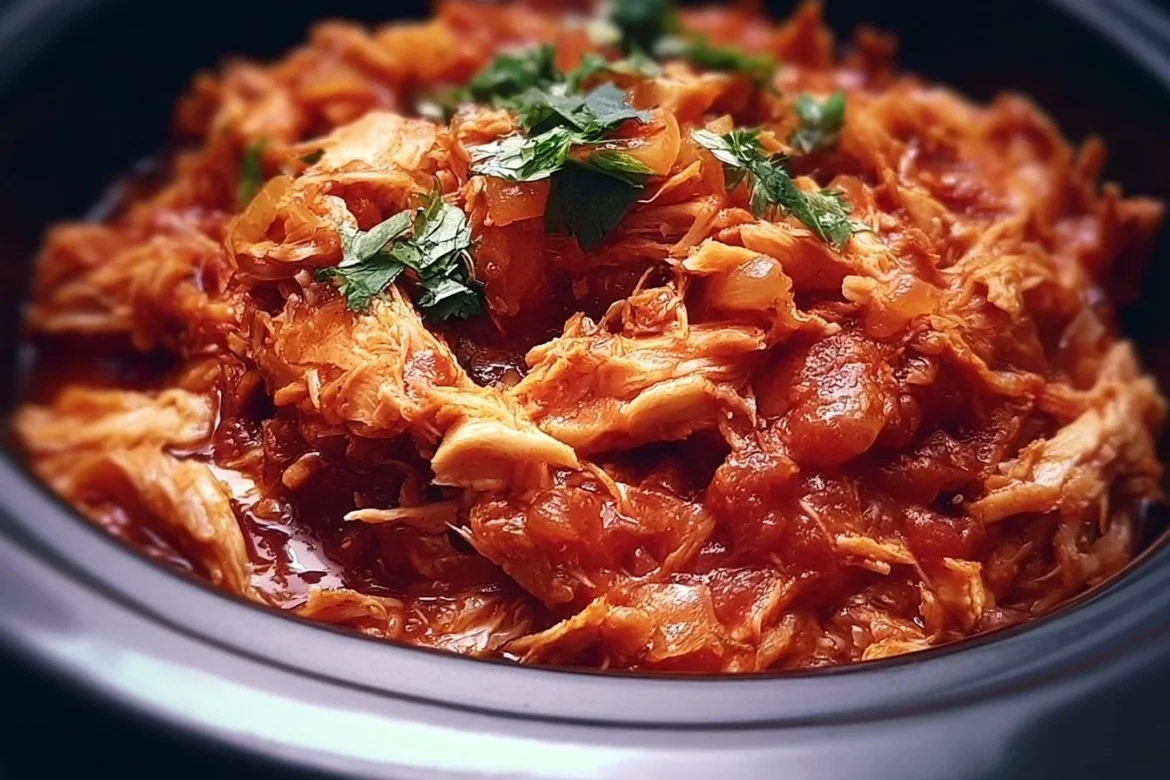 Bowl of Slow Cooker Chicken Tinga served with tortillas and toppings
