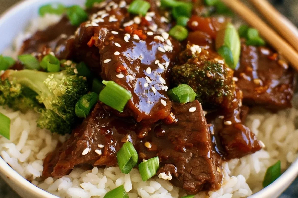Slow cooker teriyaki beef with vegetables in a bowl
