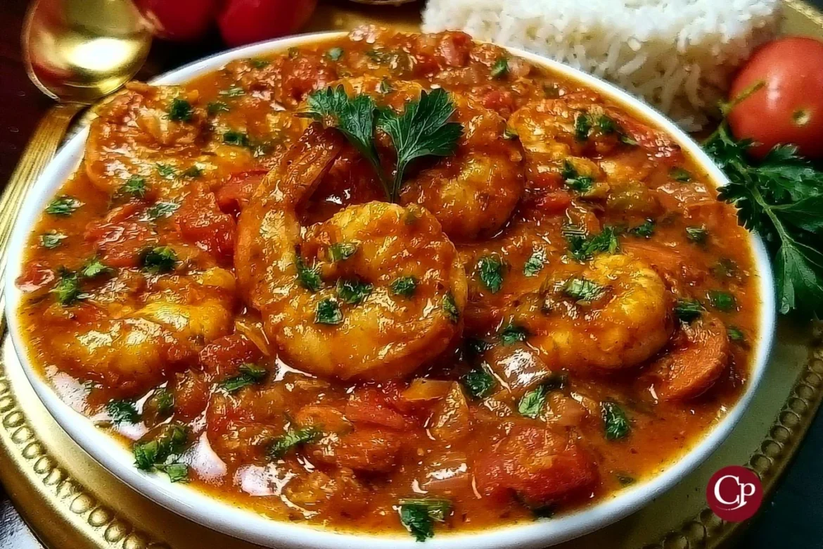 Bowl of South Louisiana Shrimp Creole with rice and spices