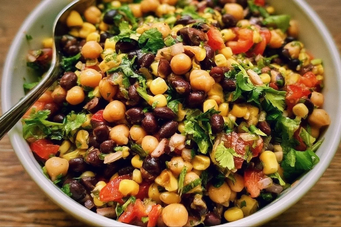 Colorful Southwest chickpea black bean salad with fresh vegetables and dressing