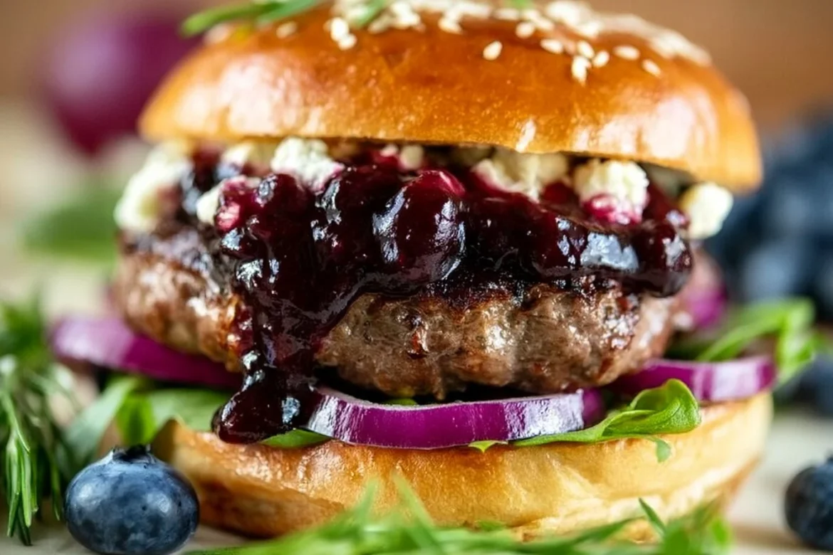 Delicious spicy blueberry burgers served with fresh toppings
