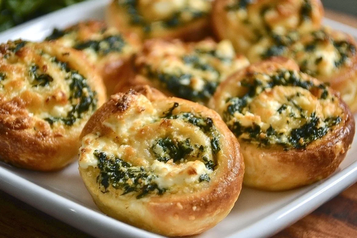 Savory Spinach Feta Pinwheels on a serving platter