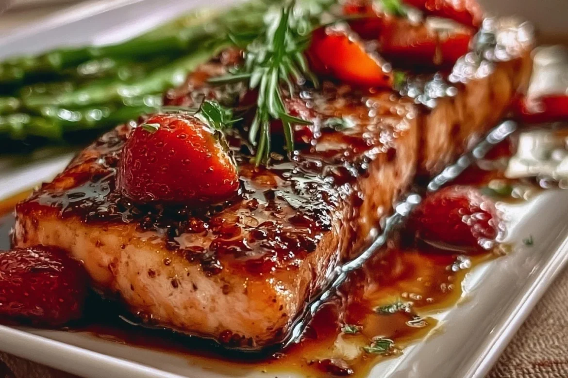 Strawberry Balsamic Glazed Salmon plated with fresh strawberries and herbs