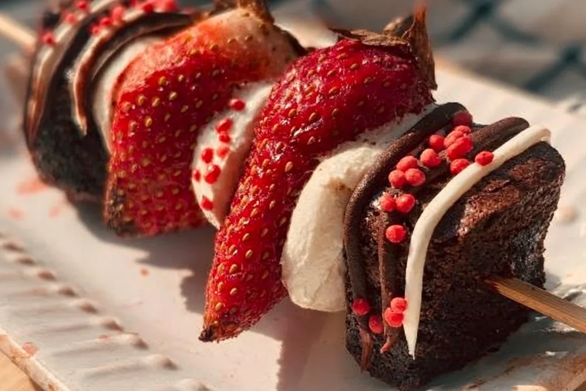 Strawberry brownie kabobs with fresh strawberries and chocolate glaze.