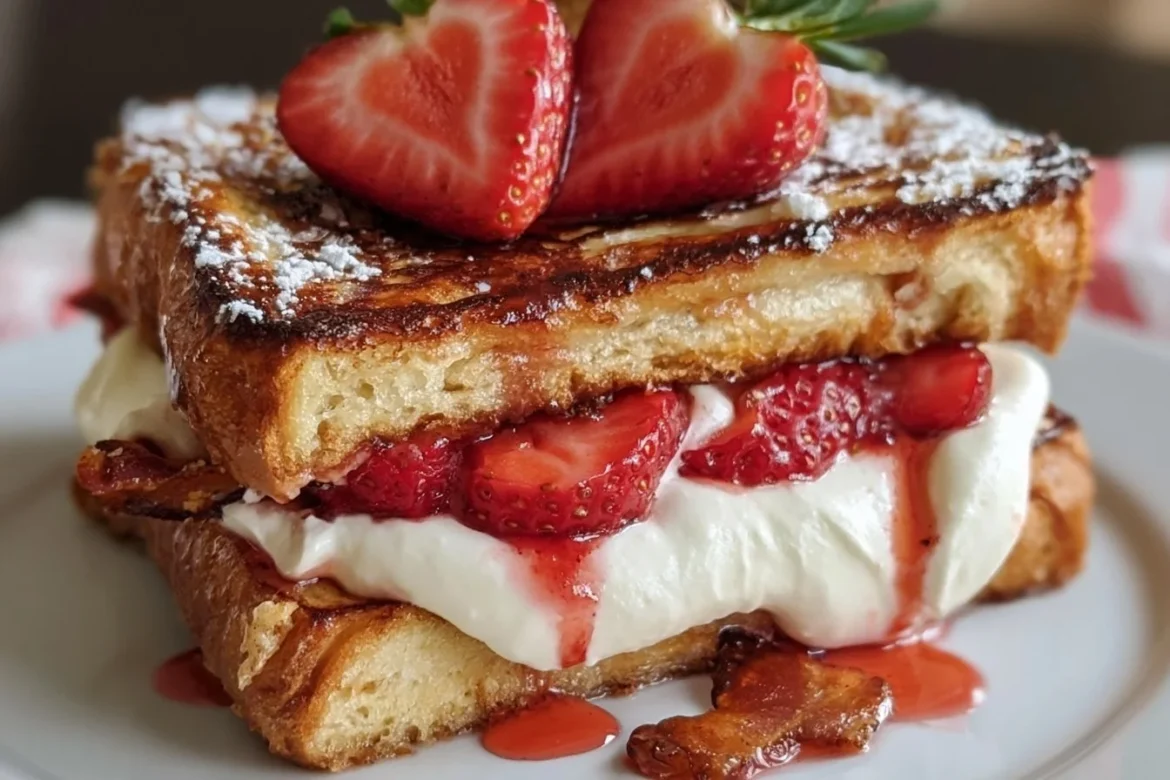 Strawberry cheesecake stuffed French toast served on a plate.
