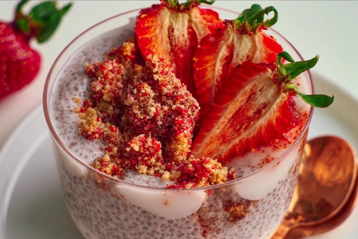 Strawberry crumble chia pudding topped with fresh strawberries and crumble