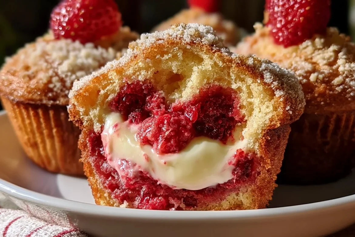 Freshly baked strawberry muffins with cream cheese filling on a cooling rack.
