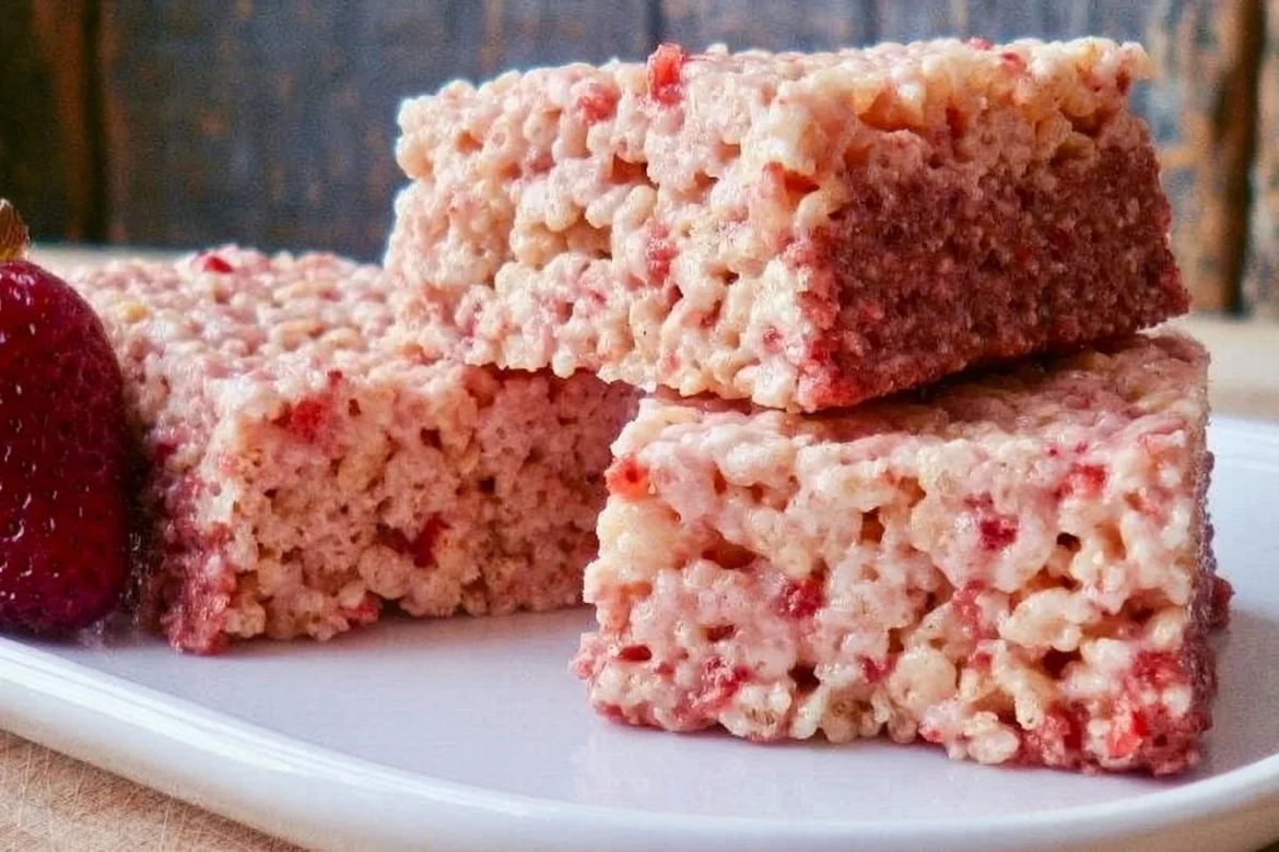 Delicious Strawberry Rice Krispie Treats decorated with strawberries.